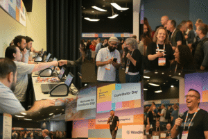 Fotocollage aus verschiedenen Szenen des WordCamp Europe 2025 in Basel: ineinander übergehende Aufnahmen von der Registrierung, lockeren Gesprächen, einem Redner auf der Bühne vor der „Contributor Day“-Leinwand und Menschen in der Networking-Area, so zusammengesetzt, dass Gesichter weichgezeichnet und nicht eindeutig erkennbar sind.