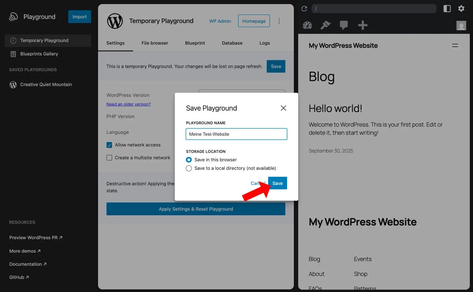 Playground Speichern im Browser