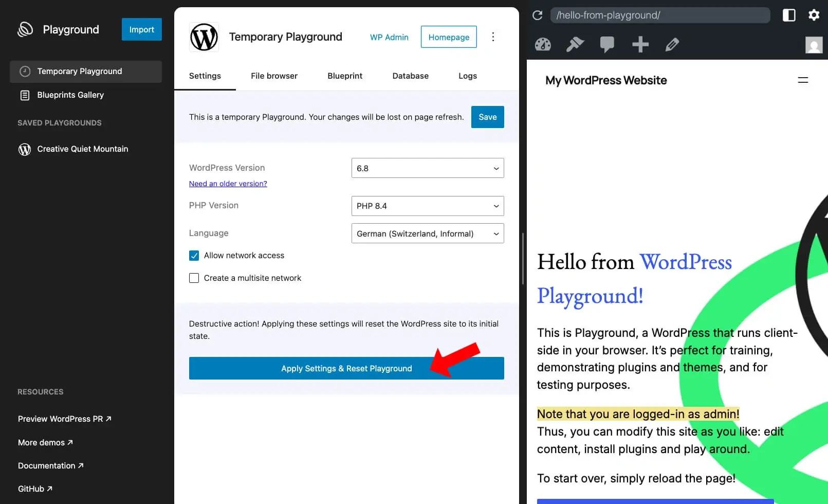 Playground Anpassungsmöglichkeiten